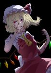  1girl absurdres ascot black_background blonde_hair blood blood_on_clothes blood_on_face blood_on_hands clenched_teeth cowboy_shot crystal dress flandre_scarlet hat highres red_dress red_eyes sakuraba68 simple_background solo teeth touhou yellow_ascot 