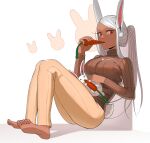  1girl absurdres animal_ears barefoot boku_no_hero_academia carrot dark-skinned_female dark_skin highres jewelry koyap long_hair long_sleeves looking_at_viewer mirko necklace pants ponytail rabbit rabbit_ears rabbit_tail red_eyes simple_background solo sweater swept_bangs tail white_background white_hair 