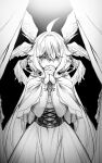  1girl absurdres ahoge capelet corset curtains enna_alouette head_wings highres long_hair long_sleeves low_twintails monochrome nijisanji nijisanji_en nrnmarie own_hands_together skirt solo spot_color twintails very_long_hair violet_eyes virtual_youtuber wings 
