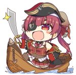  1girl :d anchor arrow_through_heart ascot black_thighhighs boat chibi coat commentary_request fang hair_ribbon hand_on_own_hip hat hololive houshou_marine houshou_marine_(1st_costume) jacket leotard leotard_under_clothes low_twintails pirate_hat pleated_skirt red_ascot red_eyes red_jacket red_ribbon red_skirt redhead ribbon saber_(weapon) sidelocks skirt sleeveless sleeveless_jacket smile solo sword thigh-highs tottori transparent_background twintails two-sided_coat two-sided_fabric virtual_youtuber watercraft weapon 