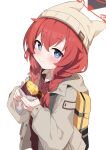  1girl absurdres backpack bag beanie blue_archive blue_eyes blush brown_shirt chun_jiang closed_mouth collared_shirt food grey_headwear grey_jacket hair_between_eyes halo hat highres holding holding_food jacket long_hair long_sleeves looking_at_viewer maki_(blue_archive) maki_(camp)_(blue_archive) official_alternate_costume open_clothes open_jacket red_halo redhead shirt simple_background smile solo sweet_potato upper_body white_background white_shirt 