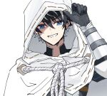  1boy adjusting_clothes black_gloves black_hair blue_eyes charlemagne_(fate) cloak earrings fate/grand_order fate_(series) gloves grin hood hooded_cloak jewelry looking_at_viewer male_focus mo_(aabx315) multicolored_hair rerebrace ribbon_trim short_hair simple_background smile solo streaked_hair two-tone_hair upper_body white_background white_cloak white_hair 