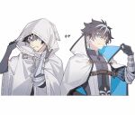  1boy belt black_gloves black_hair blue_eyes brown_belt cape charlemagne_(fate) chest_belt cloak closed_mouth cropped_torso fate/grand_order fate_(series) gloves grin highres hood hood_up hooded_cloak idass_(idass16) looking_at_viewer male_focus multicolored_hair multiple_views one_eye_closed rerebrace ribbon_trim simple_background smile two-sided_cape two-sided_fabric two-tone_hair upper_body vest white_background white_cape white_cloak white_hair 