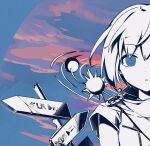  1girl blue_eyes blue_sky clouds commentary_request eyelashes greyscale_with_colored_background looking_at_viewer nou_(nounknown) parted_lips planet planetary_ring road_sign sash scarf second-party_source short_hair short_sleeves sign sky solo spot_color straight-on sun_(ornament) upper_body vocaloid 