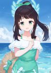  1girl absurdres airi_(blue_archive) alternate_costume black_hair blue_archive blush breasts clouds commentary_request green_eyes halo hat highres long_hair looking_at_viewer medium_hair ocean ponytail sky small_breasts solo soulcore1999 straw_hat 