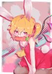  1girl animal_ears blonde_hair carrot dress flandre_scarlet hair_ribbon highres kabochamaronpie rabbit_ears rabbit_girl rabbit_tail red_dress red_eyes red_ribbon ribbon round_eyewear side_ponytail solo tail touhou 