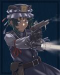  1girl absurdres asymmetrical_hair belt black_gloves blue_eyes collared_vest dim_lighting flashlight frilled_hat frills gloves green_hair gun handgun hat highres holding holding_gun holding_weapon holster shiki_eiki sleeve_bow soretsu_nitohei touhou vest weapon 