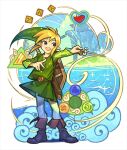  1boy 9twoeight absurdres belt belt_buckle black_footwear blonde_hair blue_eyes boots buckle full_body green_headwear green_tunic heart highres link looking_to_the_side magic male_focus medium_hair ocean open_mouth pants pointy_ears pointy_hat sidelocks smile solo standing the_legend_of_zelda the_legend_of_zelda:_the_wind_waker white_pants 