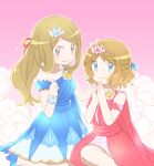  2girls alternate_color blue_dress blue_eyes dress grey_eyes light_brown_hair miu_(chuyu825) multiple_girls official_alternate_costume own_hands_together pink_background pokemon pokemon_(anime) pokemon_masters_ex pokemon_xy_(anime) ponytail serena_(champion)_(pokemon) serena_(pokemon) short_hair single-shoulder_dress 