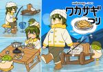  1girl beanie bird blush_stickers brown_footwear closed_mouth duck eating fishing fishing_rod fuu_(ozu_(oz_yarimasu)) green_eyes green_hair grey_pants guu_(ozu_(oz_yarimasu)) hair_bobbles hair_ornament hat highres holding holding_fishing_rod jacket long_sleeves multiple_views no_mouth original ozu_(oz_yarimasu) pants pom_pom_beanie short_twintails thought_bubble twintails white_headwear white_jacket 