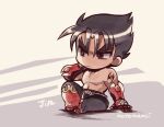 1boy arm_behind_head arm_support black_eyes black_hair black_pants character_name chibi flame_print gloves kazama_jin kotorai looking_to_the_side male_focus martial_arts_belt navel no_nose pants pectorals red_gloves short_hair shoulder_tattoo signature sitting solo studded_gloves tattoo tekken topless_male v-shaped_eyebrows 