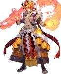  1boy abs body_markings dark-skinned_male dark_skin dragon_mask fake_hair fire_emblem fire_emblem_heroes flaming_hand hair_over_one_eye highres looking_at_viewer male_focus muscular muscular_male muspell_(fire_emblem) muspell_(flame)_(fire_emblem) non-web_source official_alternate_costume official_art orange_hair pelvic_curtain red_eyes shawl smile solo sumo tachi-e toned toned_male transparent_background 