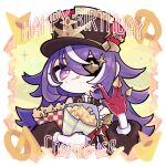  1girl bare_shoulders birthday character_name chevreuse_(genshin_impact) detached_sleeves dress earmuffs earmuffs_around_neck eating eyepatch food food_on_face french_fries genshin_impact gloves gnsn_no09 happy_birthday hat highres holding holding_food long_hair mole mole_under_mouth multicolored_hair onion_rings pointy_hair puffy_detached_sleeves puffy_sleeves purple_hair red_gloves shako_cap smile solo streaked_hair two-tone_gloves two-tone_hair very_long_hair violet_eyes white_gloves white_hair 