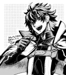  1boy :d cape charlemagne_(fate) chest_belt fate/grand_order fate_(series) greyscale hair_between_eyes hand_up high_collar looking_at_viewer male_focus monochrome multicolored_hair open_mouth short_hair smile solo streaked_hair takenoko_seijin translation_request upper_body vest 