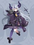  1girl ahoge black_collar black_footwear coat coat_dress collar crow_(la+_darknesss) grey_hair highres hololive la+_darknesss la+_darknesss_(1st_costume) long_hair looking_at_viewer metal_collar multicolored_hair pantyhose pointy_ears purple_coat purple_hair purple_pantyhose sidelocks single_leg_pantyhose sleeves_past_fingers sleeves_past_wrists smile streaked_hair tsubaki_shirou very_long_hair virtual_youtuber yellow_eyes 