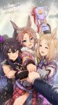  3girls alternate_costume animal_ears arm_up black_hair blurry blurry_background blush brown_hair clouds commission fingerless_gloves fist_bump forehead gloves highres horse_ears horse_girl long_hair medium_hair multiple_girls narita_brian_(umamusume) narita_taishin_(umamusume) narita_top_road_(umamusume) pov pov_hands shinmai_(kyata) short_hair skeb_commission sky smile snow trophy umamusume yellow_eyes 