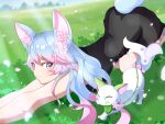  1girl absurdres animal animal_ears antenna_hair black_dress blue_hair blurry blurry_background closed_mouth dress falling_petals flower grass hair_flower hair_ornament highres indie_virtual_youtuber long_hair mayamochi petals pink_flower pink_hair silvervale star_(symbol) star_in_eye symbol_in_eye tail violet_eyes virtual_youtuber wolf_ears wolf_girl wolf_tail 