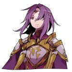  1boy armor breastplate circlet closed_mouth commentary_request fire_emblem fire_emblem:_the_sacred_stones haconeri hair_over_one_eye lyon_(fire_emblem) male_focus one_eye_covered pauldrons shaded_face shoulder_armor simple_background solo upper_body violet_eyes white_background 