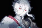  1boy armor black_background charlemagne_(fate) charlemagne_(third_ascension)_(fate) covered_mouth expressionless fate/grand_order fate_(series) hair_between_eyes hair_ornament highres idass_(idass16) looking_at_viewer male_focus pauldrons portrait red_eyes shoulder_armor sidelocks simple_background solo white_hair 