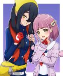  2girls absurdres black_hair blue_jacket border brown_eyes carmine_(pokemon) closed_mouth colored_inner_hair commentary_request eyelashes gloves hair_ornament hair_over_one_eye hairband hairclip highres jacket lacey_(pokemon) long_hair looking_at_viewer multicolored_hair multiple_girls outside_border pokemon pokemon_sv pouch purple_hair red_gloves redhead standing two-tone_hair white_border yellow_eyes yellow_hairband yuu_(jgvj7873) 