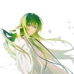  1boy adjusting_hair androgynous enkidu_(fate) fate/grand_order fate_(series) green_eyes green_hair grin hand_in_own_hair hand_up highres idass_(idass16) long_hair long_sleeves looking_ahead male_focus parted_lips robe simple_background smile solo upper_body white_background white_robe wind 