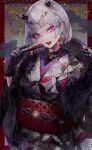  fur_trim hair_ornament hand_fan highres holding holding_fan japanese_clothes jewelry open_mouth original pink_eyes siuroi teeth upper_teeth_only white_hair 