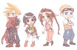  2boys 2girls aerith_gainsborough baggy_pants bangle bare_shoulders belt black_footwear black_hair blonde_hair blue_eyes blue_pants boots bracelet braid braided_ponytail breasts brown_eyes brown_footwear brown_gloves brown_hair chibi choker cid_highwind clawed_gauntlets cloak closed_mouth cloud_strife colored_sclera crop_top crossed_arms dress earrings facial_hair final_fantasy final_fantasy_vii fingerless_gloves fishnet_armwear frown full_body gloves goggles goggles_on_head green_eyes green_shirt hair_ribbon hair_slicked_back hand_on_own_chest hand_on_own_hip headband holding holding_shuriken holding_weapon jewelry kingdom_hearts long_hair loose_belt medium_breasts midriff multiple_belts multiple_boys multiple_girls nitoya_00630a official_alternate_costume open_mouth pants parted_bangs pink_dress pink_ribbon purple_belt red_cloak ribbon ribbon_choker shirt short_hair short_shorts short_sleeves shorts shuriken sidelocks single_braid single_earring single_shoulder_pad sleeveless sleeveless_dress smile spiky_hair strapless stubble swept_bangs t-shirt toothpick torn_clothes tube_top v-shaped_eyebrows wavy_hair weapon white_background white_shirt yellow_belt yellow_sclera yellow_shorts yuffie_kisaragi 