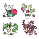  animal_focus antlers blue_flower blue_rose brown_fur chikorita commentary flower fusion green-fur green_eyes highres leaf leafeon mamobot no_humans pokemon pokemon_(creature) red_eyes red_flower red_rose rose roserade sawsbuck sawsbuck_(spring) shaymin shaymin_(land) simple_background sitting tail white_background white_fur 