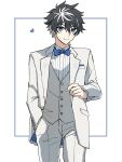  1boy black_hair blue_bow blue_bowtie blue_eyes bow bowtie charlemagne_(fate) closed_mouth collared_shirt commentary_request cowboy_shot fate/grand_order fate_(series) hand_in_pocket heart highres looking_at_viewer male_focus mo_(aabx315) multicolored_hair pants ribbed_shirt shirt short_hair simple_background smile solo streaked_hair suit two-tone_hair vest white_background white_hair white_pants white_shirt white_suit white_vest 