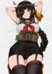  1girl ammunition_pouch armband arms_behind_back black_hair black_skirt black_thighhighs blonde_hair blush braid breasts eyepatch garter_straps girls_frontline hands_up headphones headphones_around_neck heart highres long_braid long_hair looking_at_viewer m16a1_(girls&#039;_frontline) magazine_(weapon) mole mole_under_eye multicolored_hair neckerchief necktie orange_armband persocon93 pleated_skirt pouch red_necktie scar scar_across_eye school_uniform seiza shirt sitting skirt smile solo streaked_hair thigh-highs white_shirt zoom_layer 