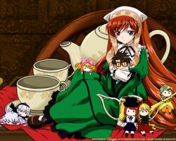  barasuishou blush brown_hair character_doll heterochromia hinaichigo holding kanaria rozen_maiden sakurada_jun saucer shinku souseiseki suigintou suiseiseki tagme teacup teapot very_long_hair watering_can 