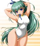  alice_carroll aria armpits arms_behind_head arms_up ashita_yaru blue_eyes green_hair hair_ribbon long_hair mouth_hold one-piece_swimsuit ribbon swimsuit swimsuit wide_hips 
