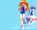   ayanami_rei bandage bandaid blue neon_genesis_evangelion poyoyon_rock school_swimsuit souryuu_asuka_langley swimsuit  