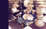  alice_in_wonderland blonde_hair blue_eyes boots card chess crown dice dress egg fork hat highres hourglass knife littlewitch lying_card ooyari_ashito oyari_ashito pocket_watch spoon striped thighhighs wallpaper watch white_rabbit 