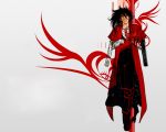  1boy alucard_(hellsing) artist_request ascot black_hair boots dual_wielding eyes formal grin gun hellsing long_coat male necktie overcoat pentagram pistol red_eyes simple_background solo suit vampire weapon white_gloves 