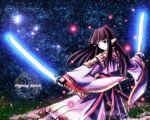  1girl armor black_hair character_request dual_wielding earrings glowing glowing_weapon japanese_clothes jewelry kotonemaru light_particles long_hair looking_back miko night night_sky pointy_ears sky solo source_request star_(sky) starry_sky sword wallpaper weapon 