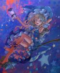  absurdres acrylic_paint_(medium) ama-tou armpits barefoot blonde_hair bloomers braid broom feet hand_on_hat hat highres kirisame_marisa lantern leg_ribbon long_hair open_mouth smile solo touhou traditional_media witch_hat yellow_eyes 