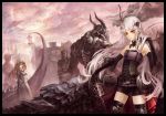  albino armor black_legwear corset demon_girl elbow_gloves fantasy gloves horns long_hair maid multiple_girls original red_eyes short_shorts shorts silver_hair suzuya suzuya_akinori thighhighs very_long_hair 