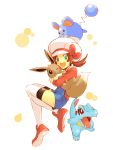  1girl brown_hair eevee happy hat hat_ribbon hug kotone_(pokemon) marill overalls pokemon pokemon_(creature) pokemon_(game) pokemon_gsc pokemon_heartgold_and_soulsilver ribbon short_twintails smile thigh-highs thighhighs totodile tubomizaki twintails white_legwear white_thighhighs 