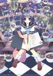  bangs blue_eyes blue_hallelujah butterfly checkered checkered_floor flower hair_flower hair_ornament lan_hallelujah school_uniform sitting sketchbook socks solo 