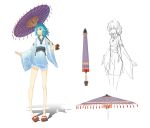  blue_eyes blue_hair character_sheet geta heterochromia highres japanese_clothes kimono kong_xian legs oriental_umbrella red_eyes short_hair short_kimono solo tatara_kogasa touhou umbrella 