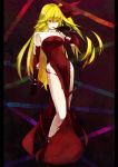  404_(artist) adult bare_shoulders blonde_hair bracelet breasts cleavage dress elbow_gloves flandre_scarlet gloves jewelry legs long_hair no_wings oshino_shinobu_(cosplay) red_dress red_eyes tongue torn_clothes touhou 