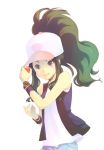  bad_id baseball_cap blue_eyes brown_hair denim denim_shorts hat high_ponytail holding holding_poke_ball poke_ball pokemon pokemon_(game) pokemon_black_and_white pokemon_bw ponytail shorts simple_background smile solo tank_top touko_(pokemon) tubomizaki vest white_background wristband 