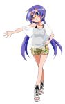  alternate_hairstyle bare_shoulders bespectacled blue_eyes casual collarbone glasses hand_on_hip hiiragi_kagami legs long_hair long_legs low_twintails lowres lucky_star pleated_skirt purple_hair see-through simple_background skirt smile solo takeya_yuuki toes tsurime twintails 