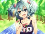  amese_hiyori blue_eyes blue_hair hair_bobbles hair_ornament kawashiro_nitori name_tag one-piece_swimsuit school_swimsuit short_hair solo swimsuit touhou twintails 