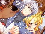  1girl blonde_hair book couple dutch_angle glasses happy jewelry kettle kirisame_marisa lozelia morichika_rinnosuke ring shop silver_hair smile snow touhou wedding_ring wink yellow_eyes 