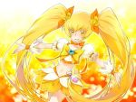  cure_sunshine dress futari_wa_precure heartcatch_precure! long_hair magical_girl midriff myoudouin_itsuki precure saikachi skirt solo twintails very_long_hair yellow yellow_background yellow_dress 