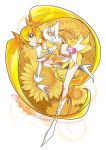  blonde_hair character_name cure_sunshine dress futari_wa_precure heartcatch_precure! kitano_tomotoshi legs long_hair magical_girl midriff myoudouin_itsuki precure skirt solo twintails very_long_hair yellow yellow_background yellow_dress yellow_eyes 