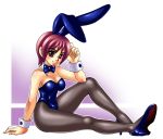  1girl arm_support brown_eyes bunny_ears bunnysuit female legs miki_(akibin66) original pantyhose rabbit_ears red_hair redhead short_hair solo 