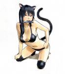  artist_request bad_id bikini black_hair black_legwear black_thighhighs cat_ears cat_tail fish kneeling long_hair mouth_hold simple_background solo swimsuit tail thigh-highs thighhighs 